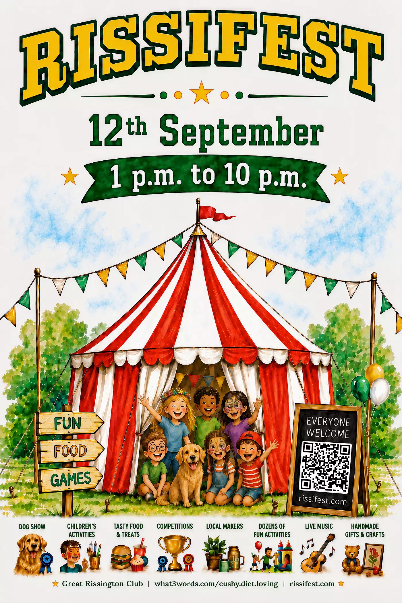 RissiFest on 12 September, 1 p.m. to 10 p.m., featuring a striped festival tent, children, a dog, activities, local makers, food, competitions and live music